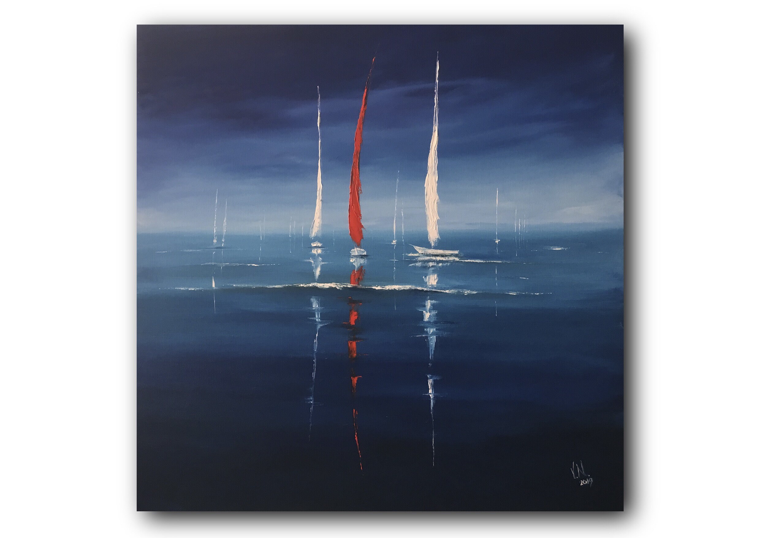 Abstract boats painting Blue painting for wall decor Sailboats Etsy