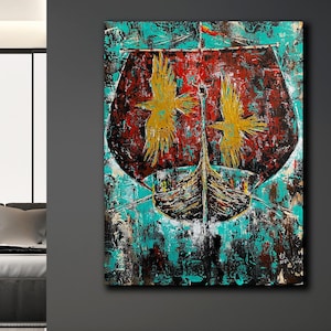 Könnte beinhalten: Abstrakte Malerei eines Wikingerschiffs mit rotem Segel und goldenen Akzenten. Das Kunstwerk zeigt einen strukturierten türkisfarbenen Hintergrund mit Pinselstrichen und einem dunklen Rumpf. Das Schiff hat zwei goldene, vogelartige Figuren auf dem Segel.