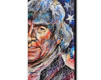 Puede incluir: Retrato abstracto de una figura histórica, con una representación de medio rostro, una peluca azul y blanca, y un fondo de estrellas azules y blancas. La obra de arte utiliza una paleta de colores vibrantes de rojo, naranja y azul.