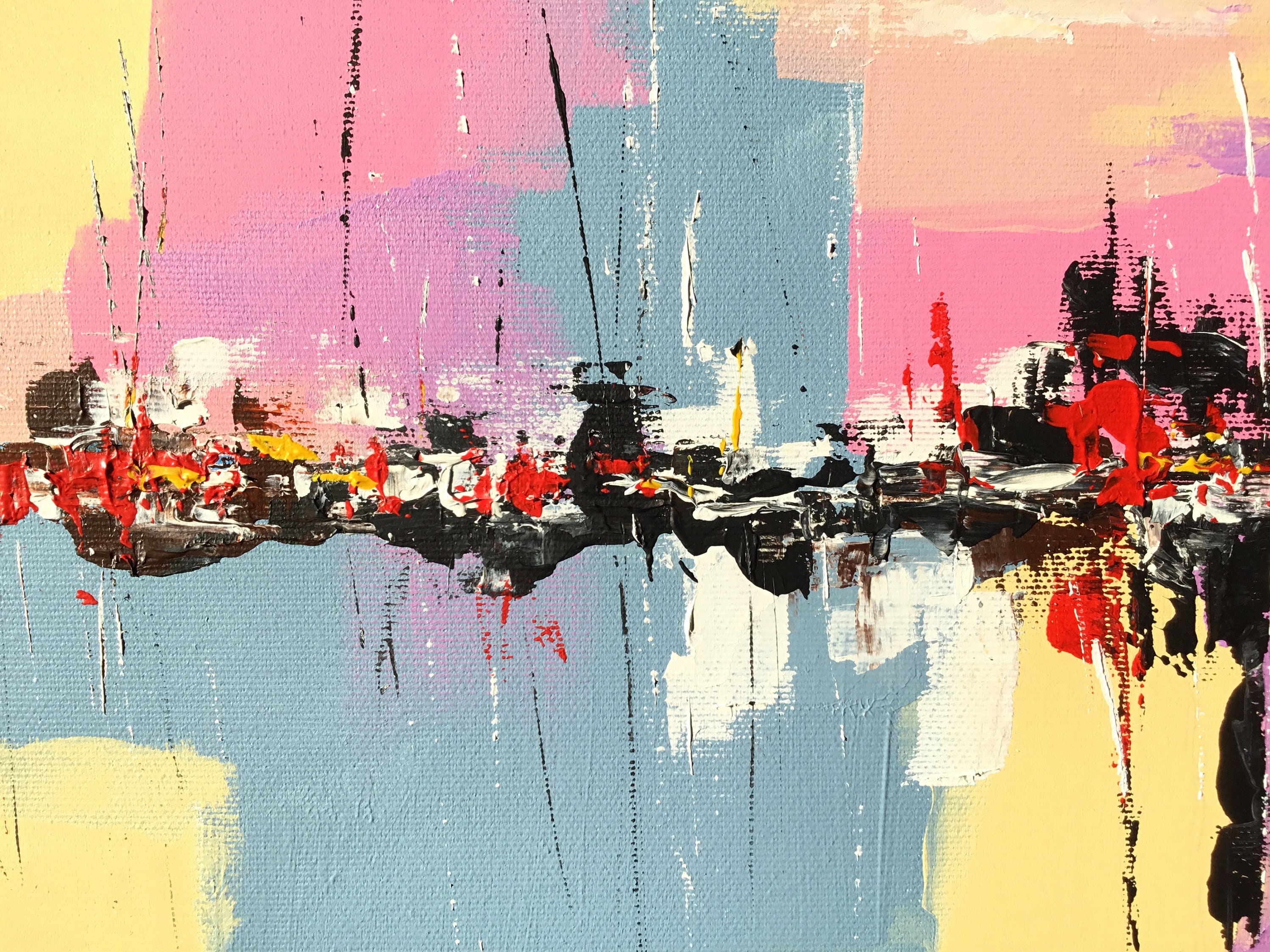 Yachts painting Abstract seascape Sailboats in harbor Sunset Etsy