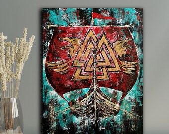 Valknut Scandinavisch symbool schilderij Odin's kraaien kunst Viking oorlogsschip Keltische mystieke kunstwerken Drakkar op canvas Duitse heidendom talisman