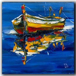 Colorful fishing boat small oil painting on canvas Modern Impressionism Tiny seascape Original artwork Father anniversary Gift for husband