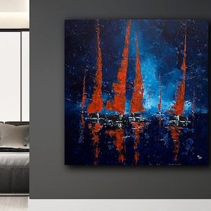 Könnte beinhalten: Abstraktes Ölgemälde auf Leinwand. Das Kunstwerk zeigt vertikale orange und rote Pinselstriche vor einem dunkelblauen Hintergrund mit Andeutungen von hellerem Blau. Das strukturierte Gemälde erzeugt Tiefe und Bewegung, die einer Nachtszene ähnelt.