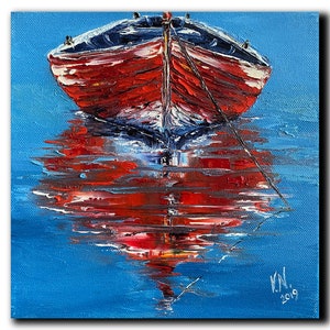 Boat small oil painting original Red old boat painting Modern impressionism Impasto painting Seascape painting Miniature art For art lovers