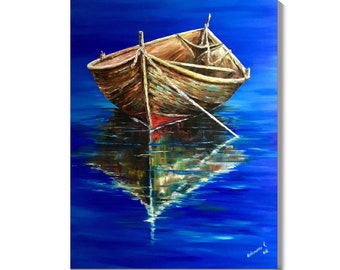 Boat painting original Fine art for living room Blue painting on canvas Seascape oil Reflection on water painting Office wall art Big boat