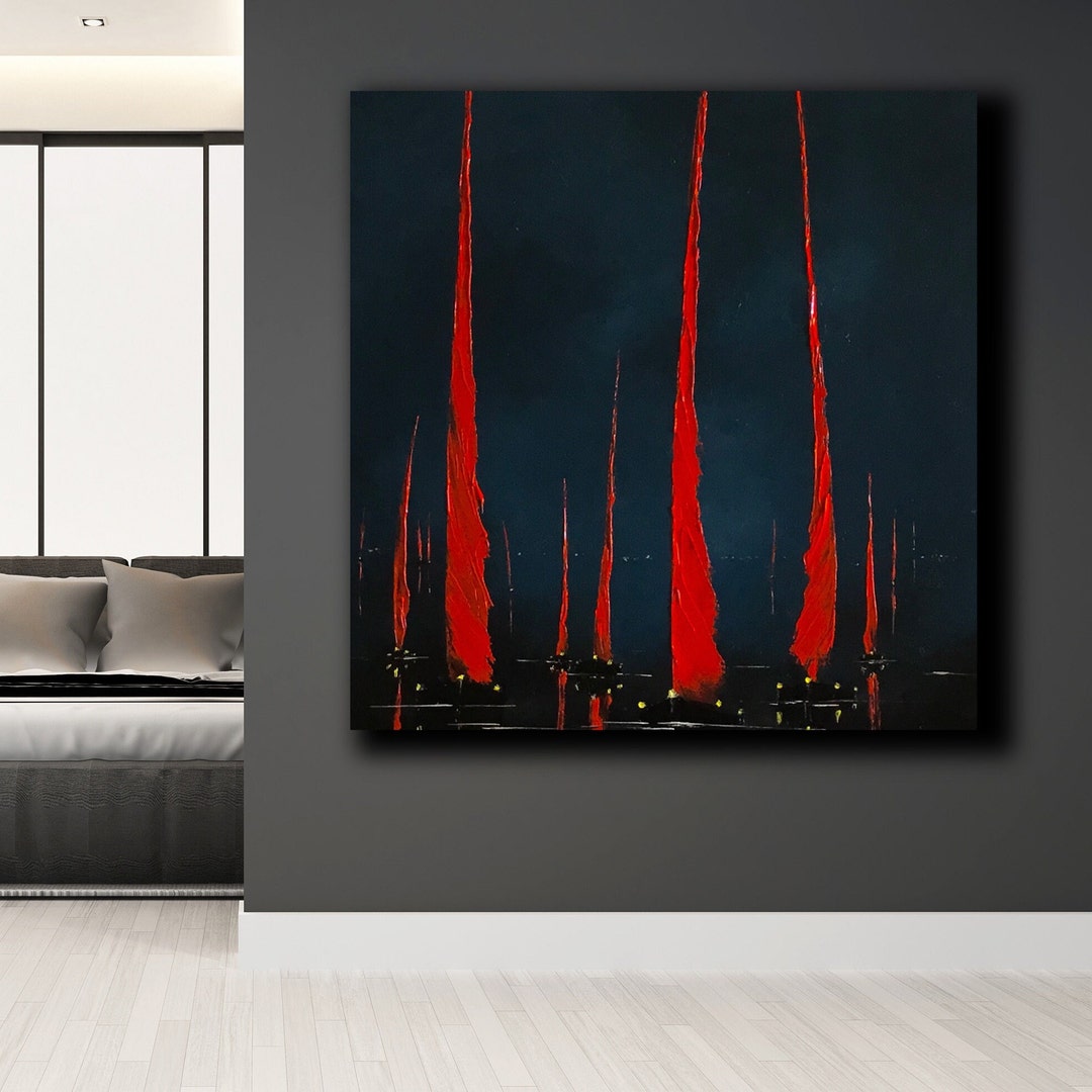 Abstract Red Sails Oil Painting Big Size Nightly Ocean Yachts Etsy