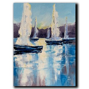 Yachts original oil painting on canvas White sails miniature Sailing boats Modern fine art Seascape artwork Sea decor Ocean small art Gift
