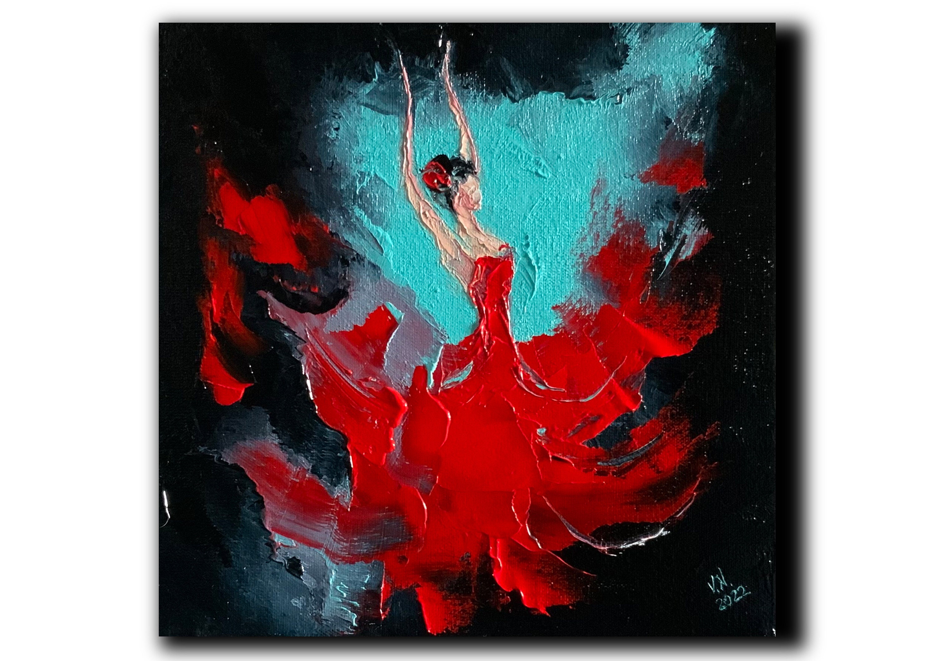 フラメンコダンサーのオリジナル油絵 キャンバスに描かれた情熱 踊る