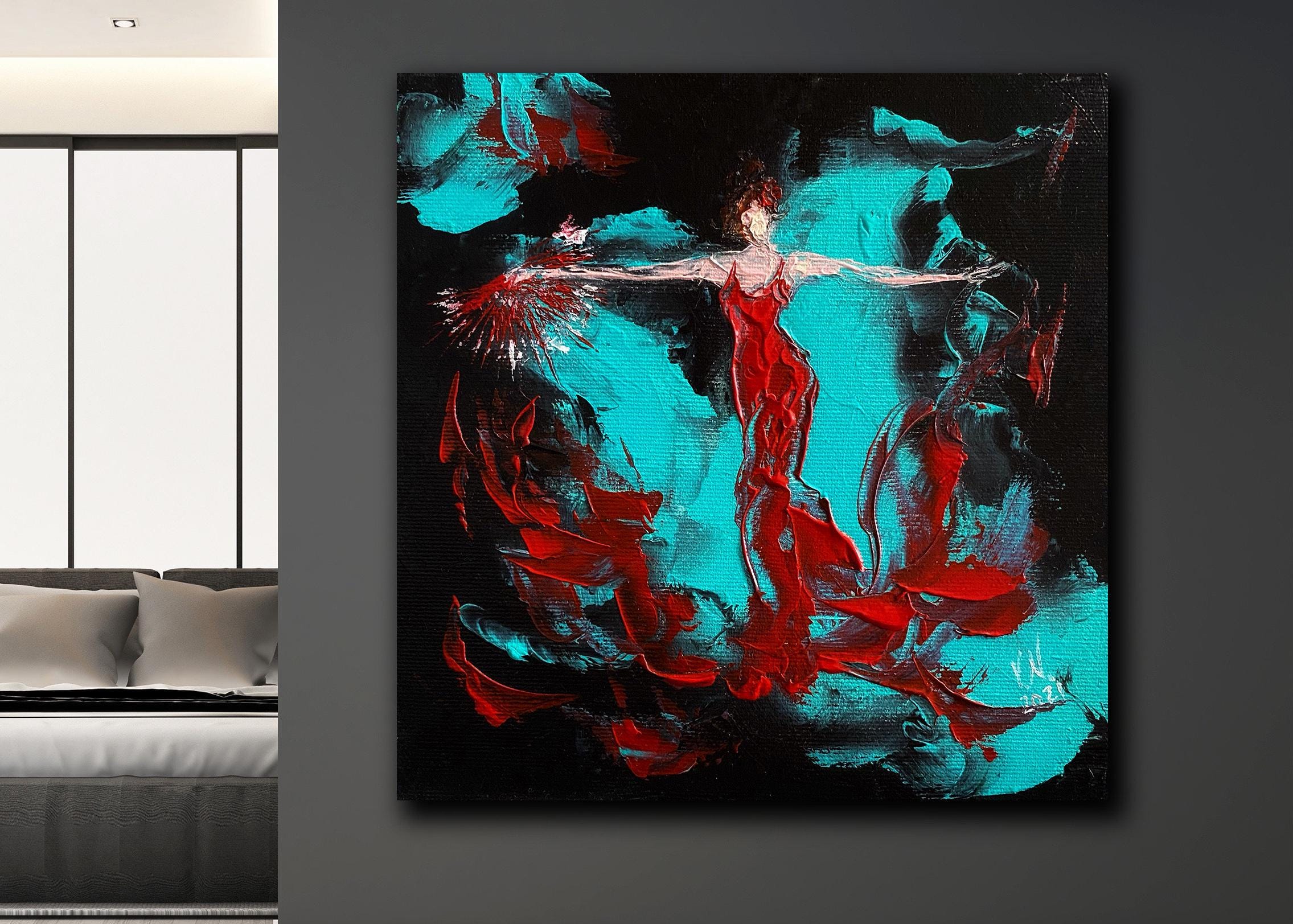 Female figure in red custom oil painting for bohemian home decor Flamenco dancer Spanish dance wall art canvas to order Modern impressionist