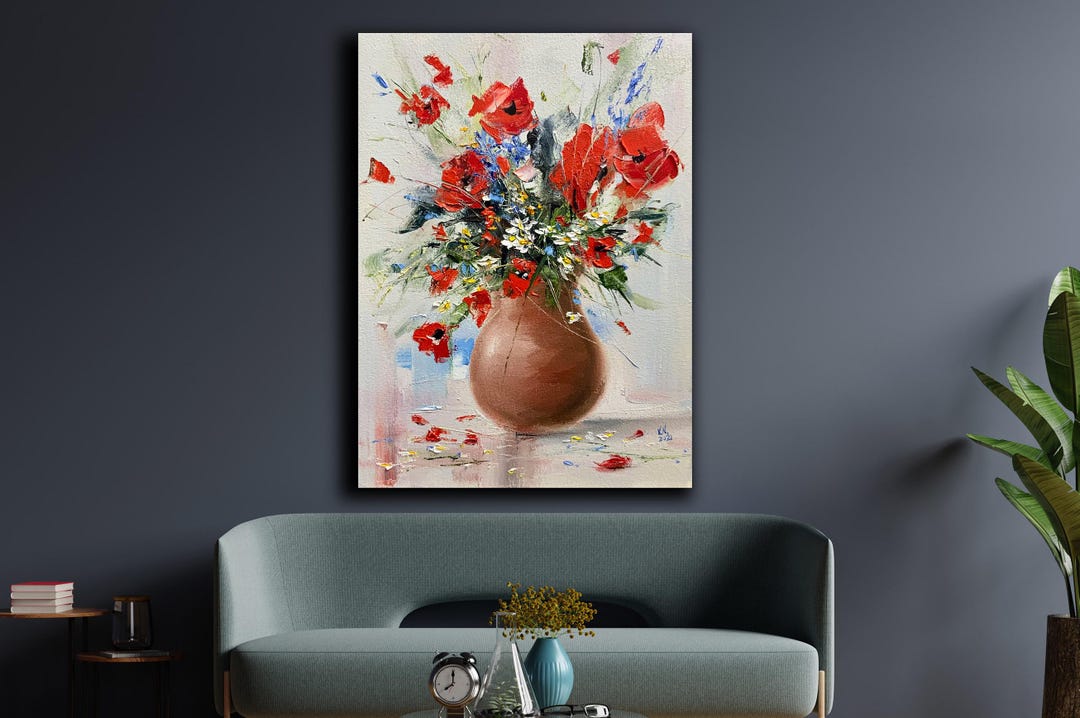 Poppies in Vase Big Custom Oil Painting Wild Flowers Bouquet Wall Art ...