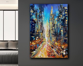 Puede incluir: Pintura abstracta de una calle de la ciudad por la noche con edificios altos y luces brillantes. La pintura está realizada en un estilo audaz y expresivo con pinceladas gruesas y colores vibrantes.