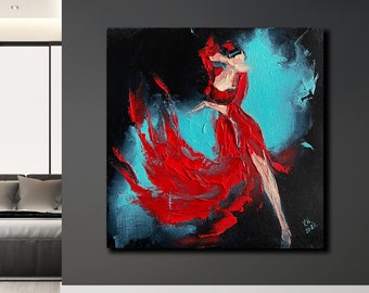 Flamenco custom painting on commission size canvas Sensual dancing female Spanish dance Expression dancer Women’s figure in red Art to order