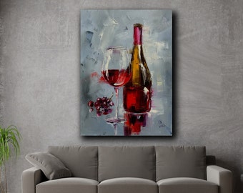Bottle and glass with red wine large size oil painting for bar area Customized artwork Drink on canvas Restaurant decor Father anniversary