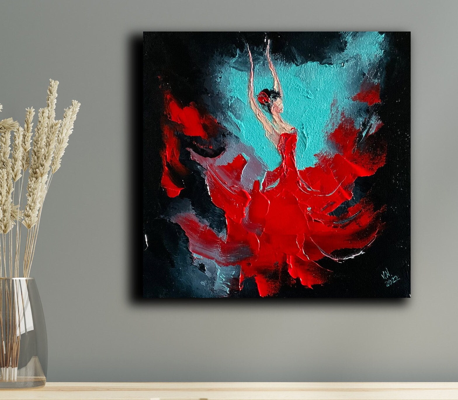 フラメンコダンサーのオリジナル油絵 キャンバスに描かれた情熱 踊る