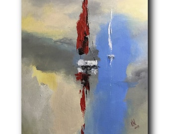 Sailboats painting Acrylic red sail Abstract seascape Original painting Contemporary art Ocean art work Sunrise on the sea Wall art canvas