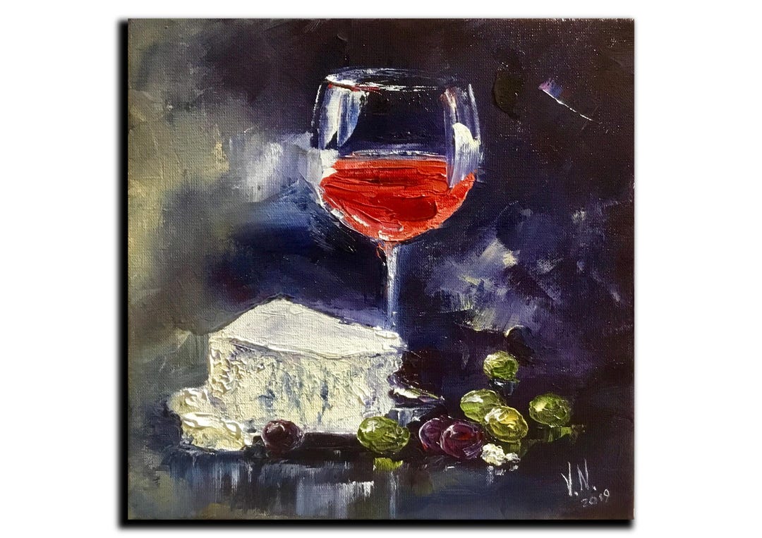 A Glass of Red Wine and Cheese Oil Painting on Canvas Bohemian Style ...