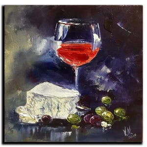 A glass of red wine and cheese oil painting on canvas Bohemian style fine art Gift for mom birthday Present for art lovers Stylish bar decor