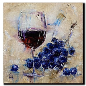 Glass of red wine and bunch of grapes original oil painting Still life miniature Gift for wine lovers Dinner room wall decor Alcohol artwork