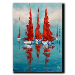 Aesthetic seascape Original painting Wall art canvas Red sails artwork Marine style home decor Contemporary nautical art Yachts at sea