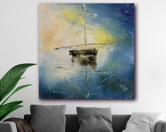 Old sailboat on canvas Large size painting Original oil artwork Blue yellow seascape Fine art Old boat painting Palette knife art Interior