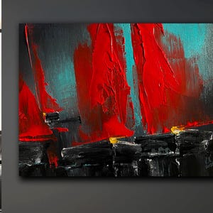 Könnte beinhalten: Abstraktes Gemälde mit kräftigen Strichen in Rot, Schwarz und Türkis. Das Gemälde hat eine strukturierte Oberfläche und einen modernen Stil.