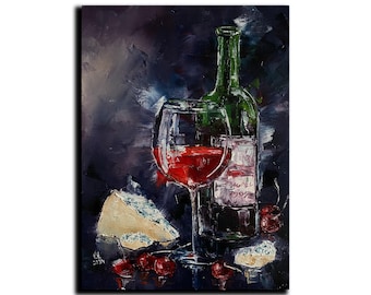 Bottle of red wine, cheese and cherry original oil painting Glass of alcohol drink artwork Wall art canvas for home bar decor Men cave art