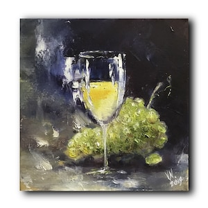 Weißwein und Trauben Malerei Kleine Stillleben Kunst Miniatur Ölgemälde Weinglas Malerei Ukrainische Kunst Wand Kunst Leinwand für Küche
