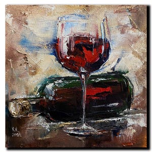 A glass of red wine and a bottle oil miniature Original painting for kitchen wall decor Alcohol artwork Gift for wife Home bar area interior