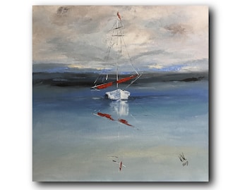 Sailboat acrylic painting Red sail art work Seascape Wall art canvas Original painting Reflection For living room Modern office art decor