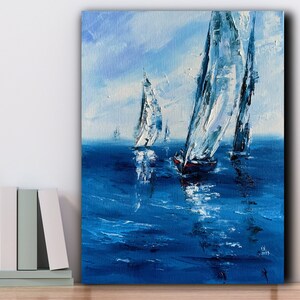 Yachts on canvas Original oil painting Blue marine miniature Modern seascape Gift sea lovers Present yachting lover Contemporary fine art