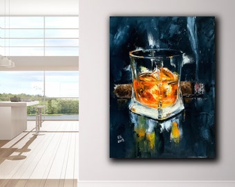 Alkohol und Zigarre benutzerdefinierte Malerei für Hausbar Wanddekor Whisky und Eis Glas Whisky Kunstwerk, um Boho Interieur für Herrenhöhle zu bestellen