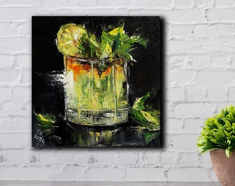 Mojito original art Small painting for home bar or kitchen wall decor Cocktail miniature Gift for mom Wife birthday present Alcohol drink