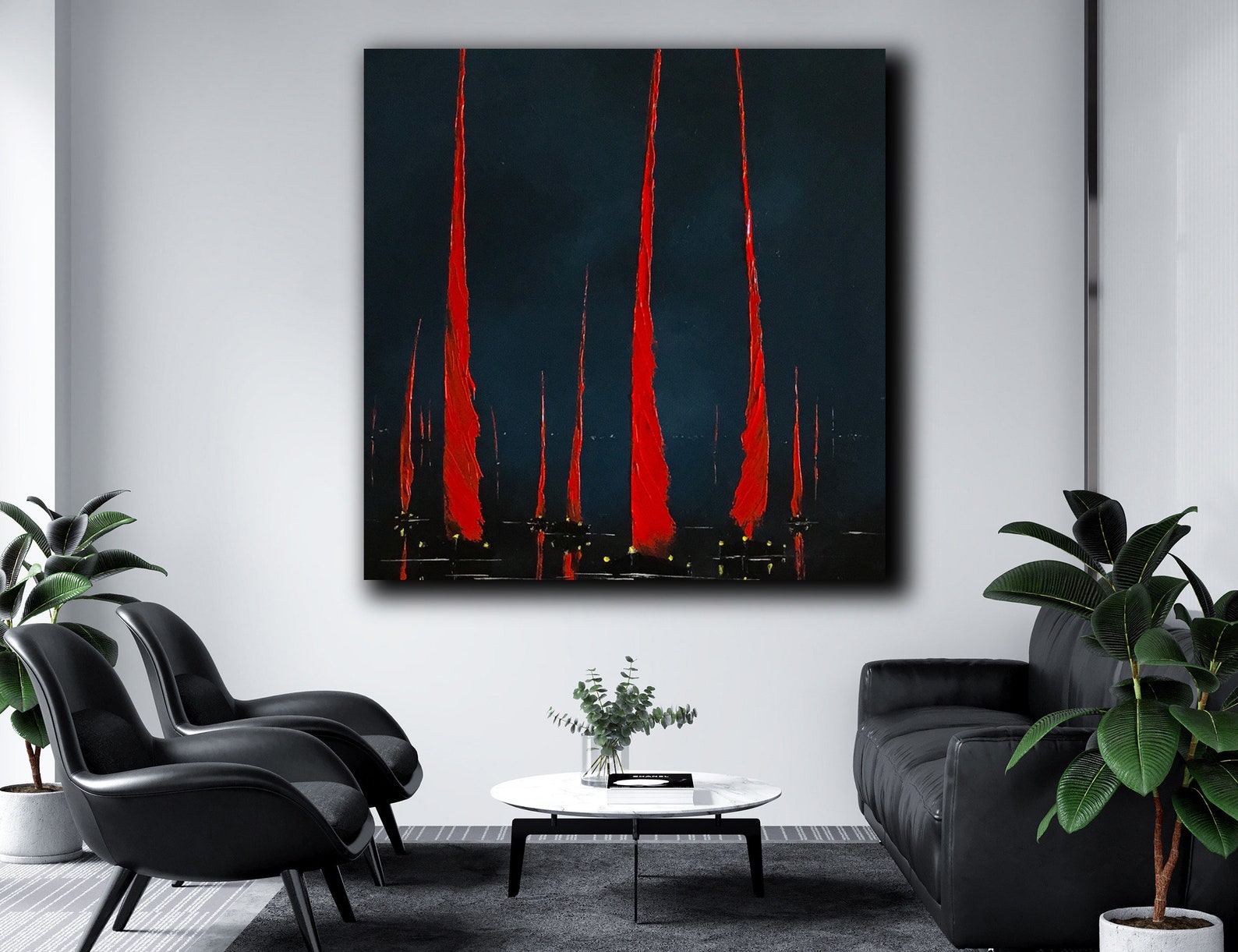 Abstract Red Sails Oil Painting Big Size Nightly Ocean Yachts Etsy