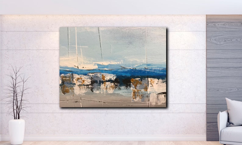 Big Boats Painting White Yachts Artwork Blue and Beige Art Seascape ...