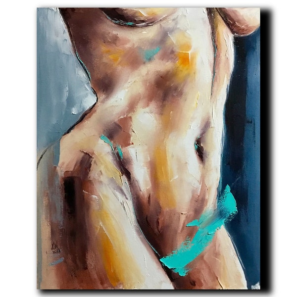 Erotic female body oil original painting Naked girl on canvas Erotica Nude woman Nudity art Gift for him Impressionism Sexuality painting