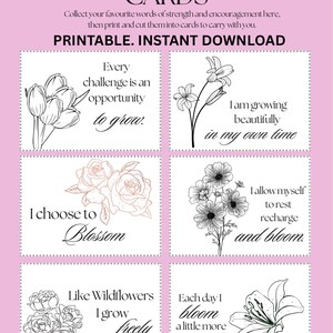Peut inclure: Cartes d'affirmations botaniques imprimables avec des illustrations florales et des citations inspirantes. Les cartes présentent des phrases telles que "Chaque défi est une opportunité de grandir". Le design comprend un fond rose.