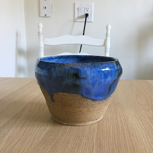 May include: A blue and brown ceramic planter with a textured glaze. The planter is sitting on a wooden table.