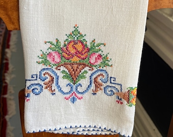 Vintage Colorful Embroidered Cotton Linen Tea Towel Hand Towel Guest Towel Farmhouse