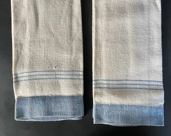 Pair of Cotton Handwoven White Hand Guest Towels with Blue Striping and Blue Band Farmhouse Coastal