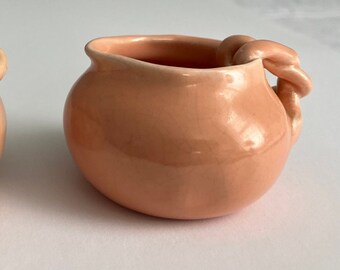 Vintage Handmade Ceramic Peach Color Creamer & Sugar with Twist Handles