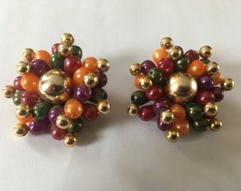 Vintage Huge Autumn Burst Beaded Cluster Clip-On Earrings