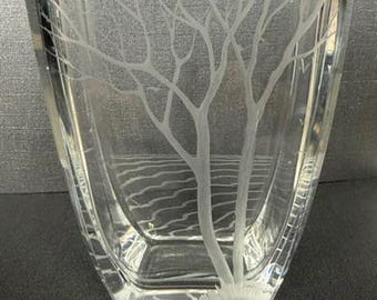 Vintage Swedish Kjellander Etched Crystal Vase Trees, Waves & Birds  - Signed and Numbered