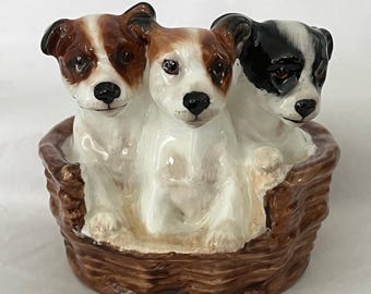Vintage Royal Doulton Bone China Puppy Trio in a Basket Hn2588 Made in England