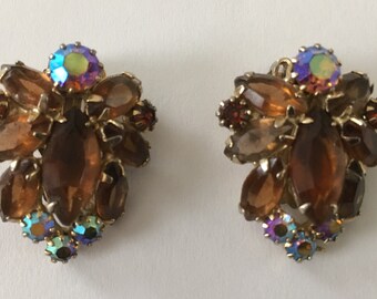 Vintage Signed Weiss Amber and Aurora Borealis Rhinestone Clip Earrings