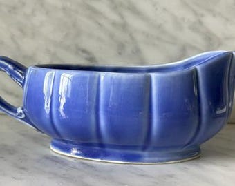 Vivid Cornflower Blue Vintage W.S. George Ceramic Gravy Boat Made in U.S.A. Farmhouse Decor!