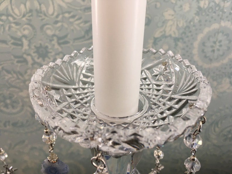 Cut Crystal Candle Ring Wax Catcher Bobeche Pair With Blue Agate, Clear