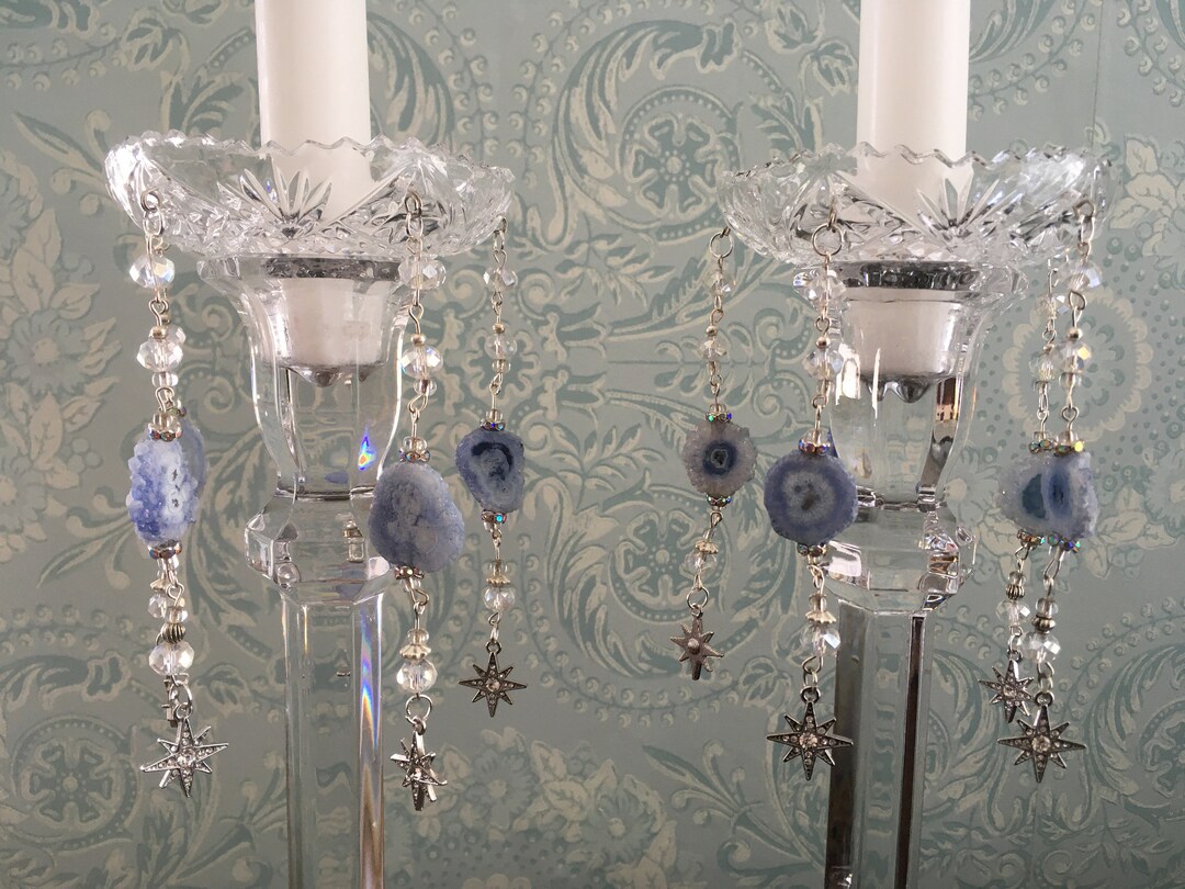 Cut Crystal Candle Ring Wax Catcher Bobeche Pair With Blue Agate, Clear