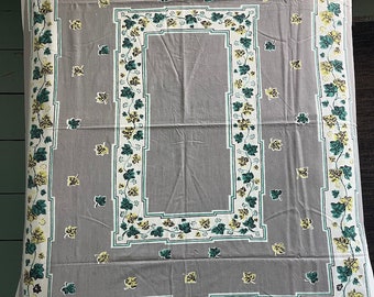 Vintage 1950s Cotton Tablecloth Green + Yellow Leaves Gray and White Background Black Line Accents