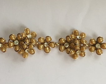 Vintage Pearly Caramel Luster Floral Cluster Bracelet with Rhinestone Accents