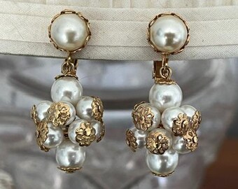 Elegant Vintage Gold Tone Metal Filigree Pearl(?) Drop Dangle Clip Earrings